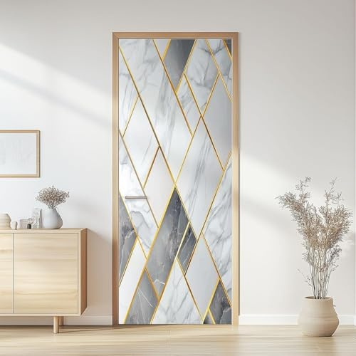 Türtapete Selbstklebend 100x200 Grauer Marmor Türfolie Moderne Geometrie Türaufkleber Fototapete 3D Effekt Türklebefolie Türposter für Innentür Schlafzimmer Bad Dekoration A-4121