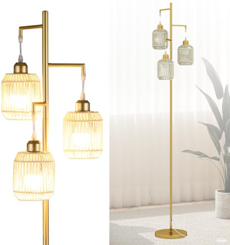 GiantexUK Metal Floor Lamp, Industrial Floor Light with Lampshade, 3-Light Cage Standing Tree Lamps for Living Room, Bedroom & Office (Paper Woven Shades, Golden)