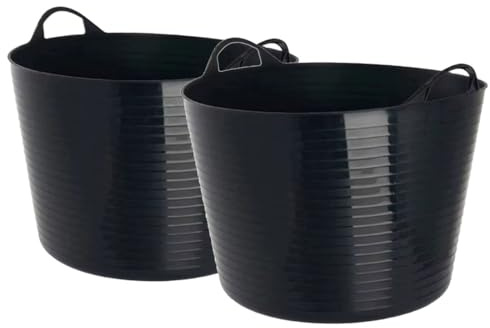42L Heavy Duty Flexible Trug Bucket Black (Pack of 2) – Large Builders Bucket with Handles, Multipurpose Plastic Tub for Garden, Laundry, Construction, Cleaning & Storage