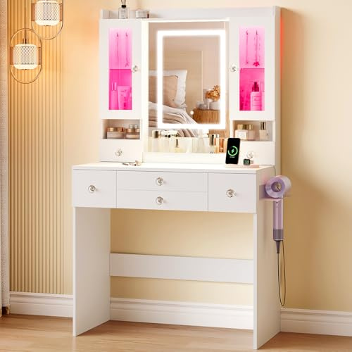 Dripex Schminktisch mit Spiegel und Beleuchtung | Steckdose, Föhnhalter, Luxuriöse transparente Vitrine, RGB
