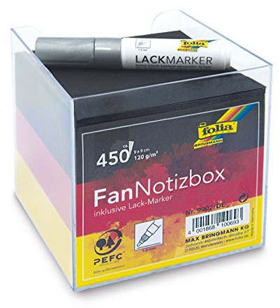 folia 9902/DE - Fan Notizbox, Zettelbox, 450 Blatt ca. 9x 9 cm, in schwarz, rot, gold, inklusive Lackmarker - ideal für schnelle Notizen und Termine