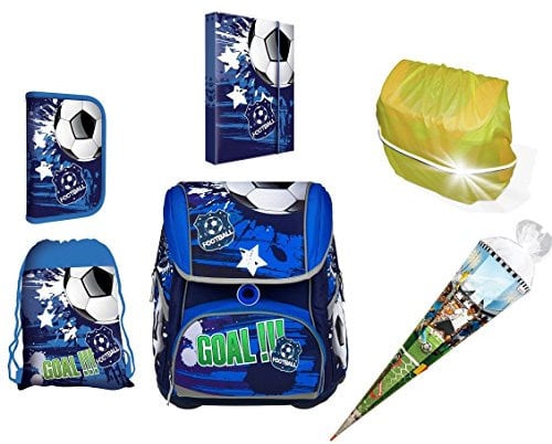 SCOOLSTAR Fußball Schulranzen Jungen 1 Klasse Tornister Schulrucksack Schultasche | SEHR LEICHT | Set 6 TLG. | inkl. Federmäppchen, Turnbeutel, A4 Heftbox, Regenschutz, Schultüte 85cm