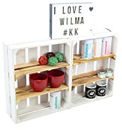 flache Obstkiste Wilma weiß mit zwei geflammten Einlegeböden / Zwischenbrettern ca 50x40x16cm/ Regalkiste Gewürzregal Apfelkiste / Weinkisten Ablageregal Aufbewahrungskiste (2, Holz)
