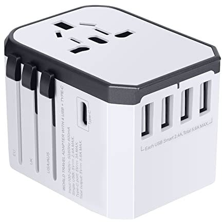 Evershop Reiseadapter Reisestecker Weltweit 224+ Ländern 5.6A Fast Charge Universal Travel Adapter mit 4 USB Ports+Typ C+AC Steckdosen Internationale Netzadapter für USA Deutschland Europa UK Thailand