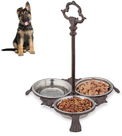 Relaxdays 10028991 Fonte de Fer, gamelle pour Chiens & Chats, 3 Bols en Acier de 200 ML, Antique, poignée, Marron, INOX, Brun foncé, 1x 3X Inoxydable