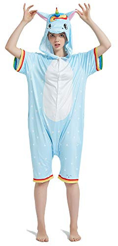 Yimidear Unisex Pyjamas Cosplay Kostüm Einhorn Onesie Sommer Schlafanzüge Einteilige Nachtwäsche Jumpsuit Overalls Kurz für Party (Regenbogen 2, S)