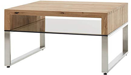 Couchtisch Hilary in Asteiche massiv mit Edelstahl Kufentisch Wohnzimmertisch mit Glasablage 70 x 70 cm