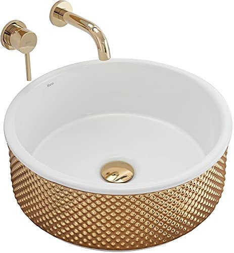 Rea Waschbecken Waschtisch Aufsatzwaschbecken Keramik Handwaschbecken Aufsatz Waschschale Oval 42X42 Weiß Gold