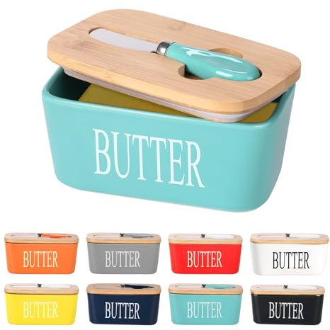 Lesige Ceramic Butter Dish with Wooden Lid, Large Butter Container Keeper Storage with Stainless Steel Butter Knife Spreader, Bamboo Cover and Silicone Sealing Ring for West East Coast Butter, Green