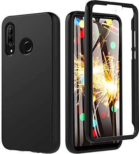 Für Huawei P30 Lite Hülle, Handyhülle für Huawei P30 Lite, Stoßfest Case 360 Grad Rundumschutz Schutzhülle Liquid Silikon Hülle mit Eingebautem Displayschutz Robuste Bumper Outdoor Cover (Schwarz)