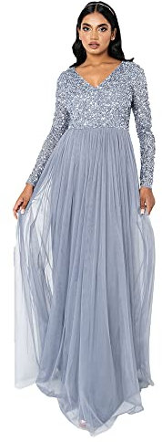 Maya Deluxe Womens Ladies Dress Long Sleeve for Wedding Guest V Neck High Empire Waist Maxi Long Length Evening Bridesmaid Prom, Robe Femme, Dusty Blue, 20