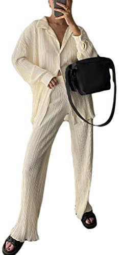 shownicer Zweiteiler Damen 2 Stück Casual Outfits Plissee Revers Langarm Button Down Shirt Hohe Taille Lange Hosen Loungewear Streetwear Anzüge Weites Bein Hosenanzüge A Beige S