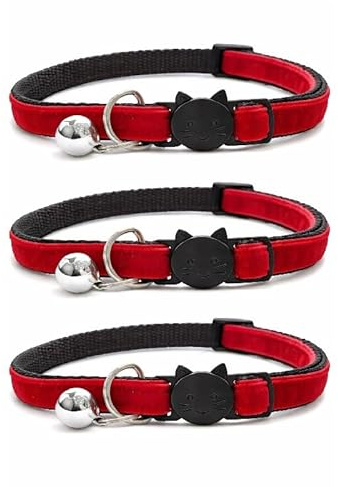 Velvet Cat Collars with Bell. Safe Breakaway Quick Release Buckle. Available in Cat & Kitten Size (Pack of 3) (Kitten Collar (15cm - 23cm), Red Velvet (Pack of 3))