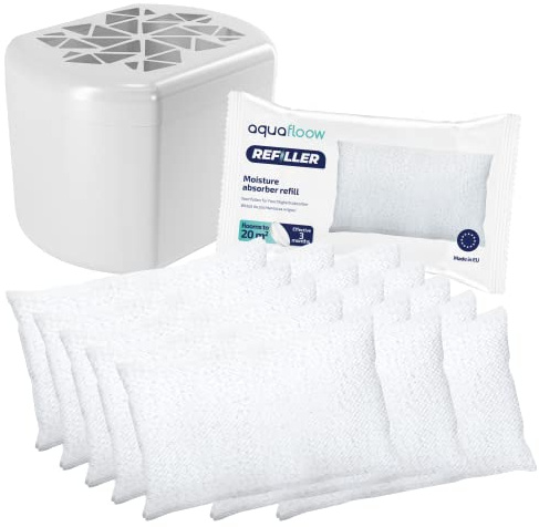 Aquafloow Luftentfeuchter + 15x250g Nachfüll-Beutel Granulat | Weiß, Schnell Entfeuchter Wohnung, Feuchtigkeitsabsorber | Luftentfeuchter ohne Strom mit Luftentfeuchter Granulat Nachfüllbar