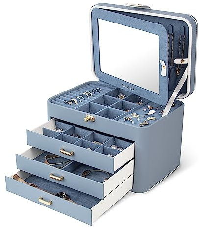 KAMIER Schmuckkästchen für Damen, große Schmuckschatulle mit 4 Ebenen, Schmuckbox mit Spiegel und Schloss, Griff Schmuckkästchen für Ringe, Ohrringe, Halsketten, Armbänder