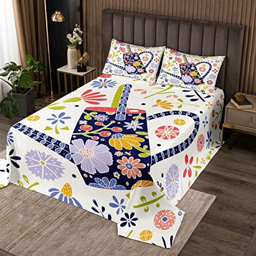 Aquarell Blumen Coverlet M Größe, Frühling Floral Blätter Pflanze Natur Bettwäsche mit 2 Kissenbezügen,Cartoon Wasserkocher Druck Weiche Polyester Gesteppte Set für Jungen Teens Zimmer, 3pcs