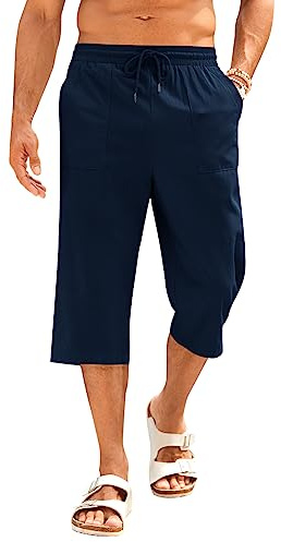 PASLTER Herren-Caprihose aus Leinen, leger, leicht, 3/4-Hose, elastischer Bund, Kordelzug, Strand, Yoga, Shorts mit Taschen, Marineblau, X-Groß