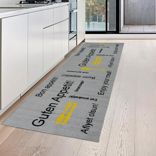 Teppich-Traum Guten Appetit Küchenläufer in grau mit Gelrücken und schwarzem & gelbem Schriftzug, 80 x 150 cm