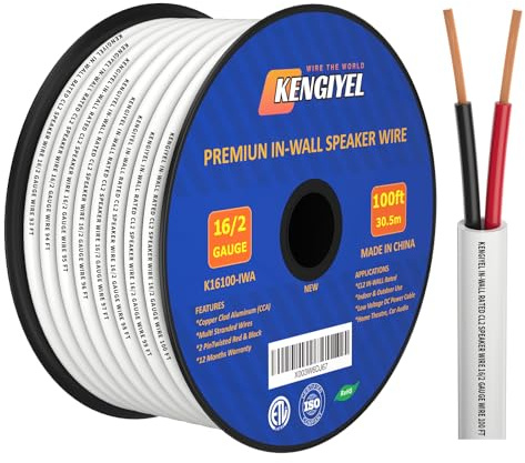 KENGIYEL 16/2 Speaker Wire (100ft) Wall Audio Speaker Wire, Fire Safety CL2 CL3 Rated Audio Speaker Cable / 16 Gauge - 2 Conductor CCA (Copper Clad Aluminum) Electrical Connection Wire