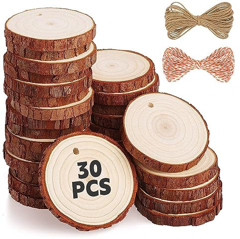 RUNMKUO Holzscheiben 30 Stücke Holz Log Scheiben 7-8 cm mit Loch Unvollendete Holzkreise für DIY Handwerk Holz-Scheiben Hochzeit Mittelstücke Weihnachten Dekoration Baumscheibe