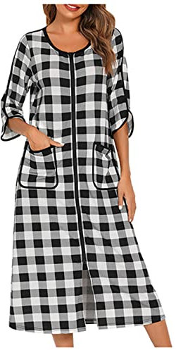 AMhomely Long Nightshirt for Women UK 3/4 Sleeve Nightdress Zip Up Ladies Plaid Casual Sleepwear Dress Loose Fit Checked Pajamas Dress with Pocket Casual Nightwear Homewear Dressing Gown Black L