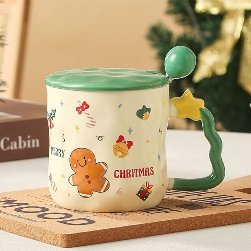 PLUSHCEWT Christmas Coffee Mug, Ceramic Tea Mug with Cartoon Christmas Style Handle, Christmas Mug with Lid and Spoon Festival Cute Xmas Mugs Christmas Festive Design Mugs, 380ml (Green)