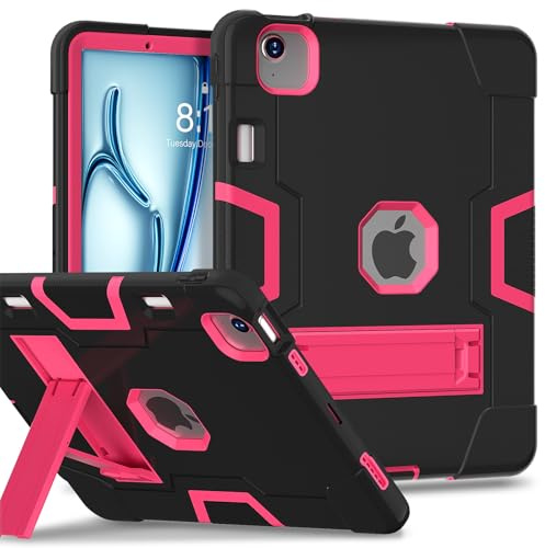 SharkProten Coque pour Apple iPad Air 11 2024, coque de protection robuste et robuste avec support, coque antichoc et anti-rayures pour tablette, noir + rose rouge