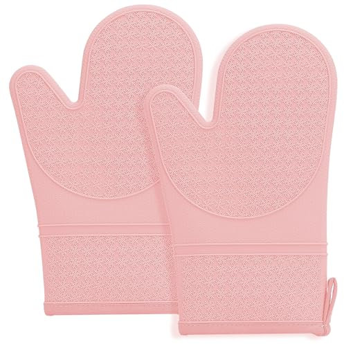 MEETOZ Silicone Oven Mitts, Oven Gloves with Non-Slip Waterproof - 2PCS Pink Oven Mittens Heat Resistant 600 Degree, Soft Lining Silicone Oven Mits for Cooking Baking Kitchen Mitten (Pink)