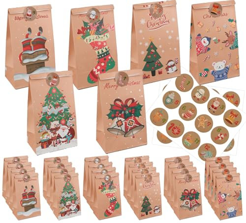 Notwoe® 24 Stück Geschenktüten Weihnachten,Personalisierte weihnachtstüten,Geschenktüten mit Weihnachtspinguin,Papiertüten Weihnachten für Geburtstagssüßigkeiten,Partys,Hochzeiten,Märkte. (Brown-C24)