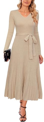 Arach&Cloz Strickkleid Damen Herbst Winterkleid Lang Plissee V-Ausschnitt Langarm Pulloverkleid Elegant Midi Kleider Winter
