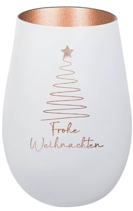 Der-Porzellan-Laden Windlicht mit Gravur Frohe Weihnachten Baum schlicht, Weiß Bronze, Teelichthalter Weihnachten aus Glas, Weihnachtsdeko Tischdeko