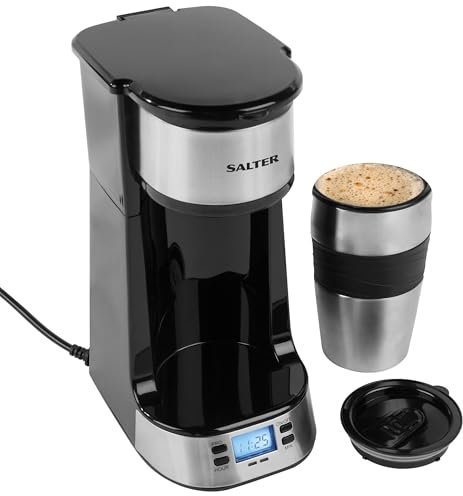 Salter Cafetière Digitale, Machine à Café Filtre Une Tasse, Minuteur 24 Heure Programmable, Filtre Lavable et Réutilisable, Comprend un Mug de Voyage en Acier Inoxydable 420ml, Infusion en 3-4 Minutes