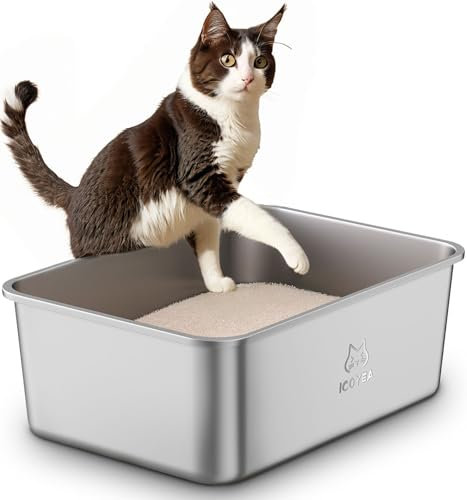 Edelstahl Katzenklo, Große Katzentoilette, XXL Katzentoilette Edelstahl Offen, Metall Katzenklo für Katzen Aller Größen & Kaninchen, Antihaftbeschichtet, Geruchsfrei, Leicht zu Reinigen, 50x35x20cm