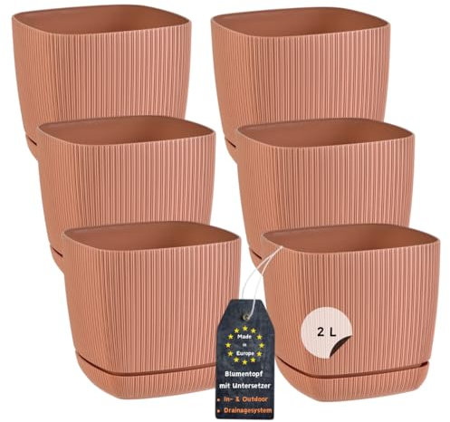 Engelland - 6 x Blumentopf mit Drainagesystem, Untersetzer, Farbe: Terrakotta, Rillenoptik, Pflanz-Topf, Kübel, modern, Kunststoff, quadratisch, 15 x 15 cm, 2 Liter