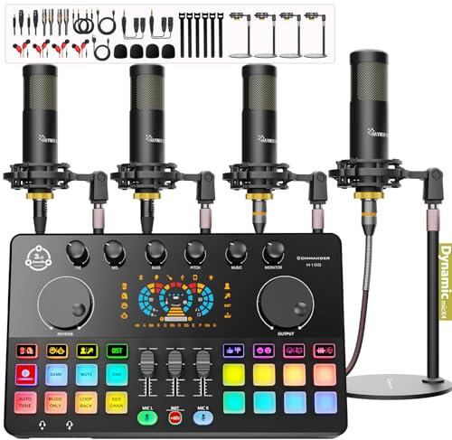 Podcast Equipment Bundle for 4, Audio Interface with 4 Dynamic Microphone, 4 Desktop Mic Stands, Voice Change,RGB, DJ Mixer for Vocal Recording Podcasting,Streaming,Singing TikTok,COMMANDER M100 3rd