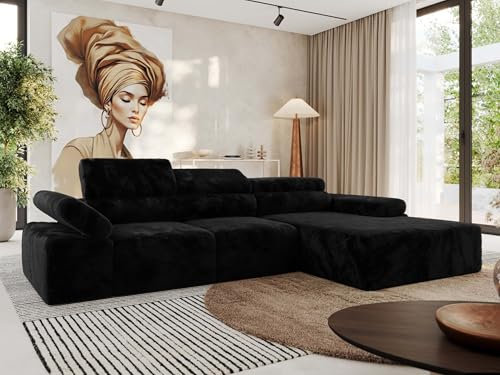 MKS MEBLE Ecksofa mit relaxfunktion elektrisch, Sofa L-Form - Rilasso - Schwarz Plüsch Rechts