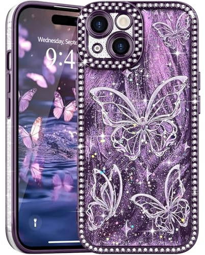 L-FADNUT for iPhone 15 Glitter Case Diamond Butterfly TPU, Purple | Lovely Butterfly Pattern Bling Rhinestone Phone Case, Camera Protection Sparkly Slim Soft Silicone Back Cover for Women Girls