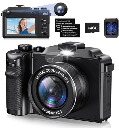 Cámara digital, cámara digital 4K 64MP con enfoque automático de vlogging con zoom digital de 18X, cámara digital compacta con luz de flash y antivibración, cámara de fotografía para adolescentes