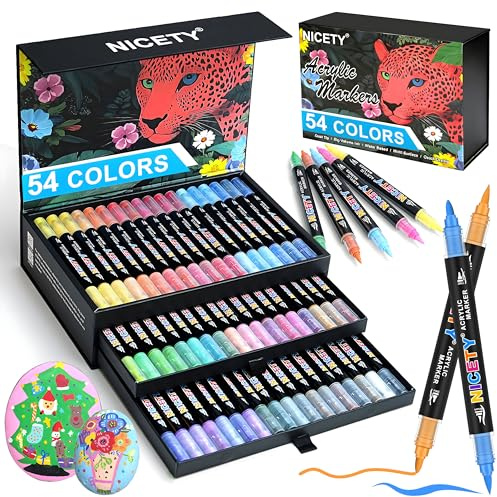 NICETY 54 Farben Acrylstifte für Steine Wasserfest – Dual Tip Marker mit 1–5mm Pinselspitze & 1mm Feinspritze – Acrylmarker Set für Holz, Glas, Keramik, Leinwand & Papier