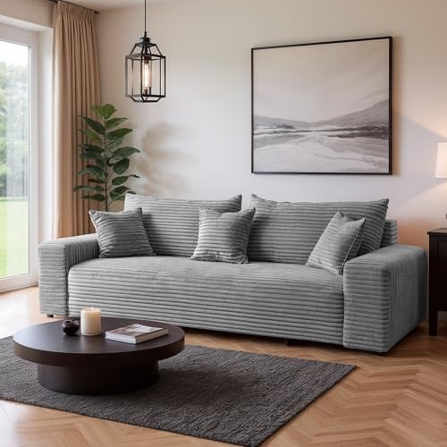 SOFILAND Cordo Schlafsofa 265×150 cm mit Bettkasten – Cord Sofa TILIA Breitcord, SoftTouch Komfort, Nosag-Federung, abnehmbare Kissen, Easy Clean & Pet Friendly (Hellgrau)