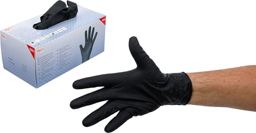 BGS 74669 | Einweghandschuh-Box | Nitril | mit extra Griffigkeit | Gr. L | 100 St. | Schwarz | puderfrei | unsteril | Rollrand | Touchscreen-bedienbar | Handfläche 0,22 mm | Finger 0,25 mm