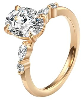 Ring Verlobung, Memoire Ring mit 4 Krallen Ovale form Moissanit 2 Karat 9K Gelbgold Größe 49 (15.6)