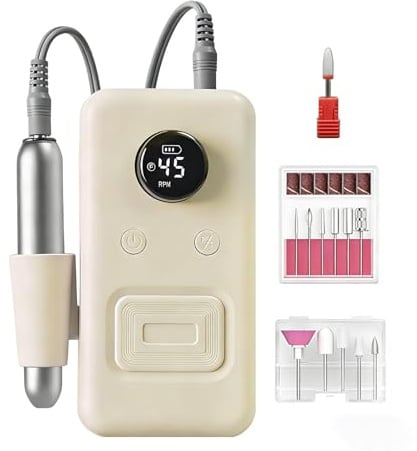 12-in-1 Electric Nail Drill 45000RPM, Professional Efile Machine for Acrylic and Gel Nails, Rechargeable Nail Drill with 6 Grinding Heads and 5 Polishing Heads, Electric Nail File for Home Salon