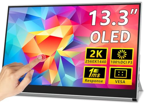 Magedok Monitor portátil OLED 13,3, Monitor Gaming táctil 2K, 100% DCI-P3, Color de 10 bits, 1 ms, Ultra Delgado con Soporte Integrado, Pantalla Externa USB-C y HDMI para portátil/PC