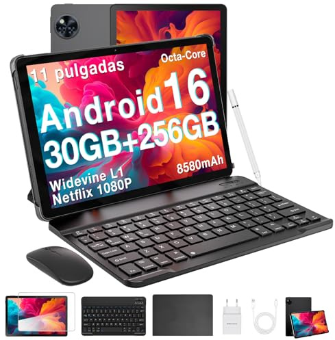 POPUX U11 Pro Tablette Android 16, Tablette 11 Pouces 30GB RAM+256GB ROM/TF 2TB, 8580mAh Batterie,Tablette avec Clavier Unisoc T7200 90Hz Octa-Core, Tablette Tactile 5G WiFi/13 MP/GPS/OTG/Face ID