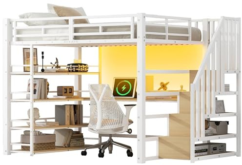 SOFTWEARY Hochbett mit Schreibtisch, LED-Streifen, Lattenrost, Rausfallschutz, USB, Treppe mit Regal, Kinderbett, Jugendbett, Metallbett (weiß, 140x200 cm)