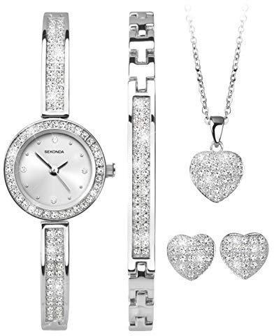 Sekonda Womens Gift Set 22mm Analogue Classic Quartz Watch with Silver Strap Bracelet Necklace and Earings 2528G