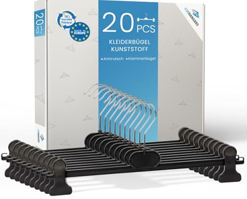 RSR Hangers Hosenbügel Hosenspanner 20 Stück Kleiderbügel Kunststoff 28 cm | rutschfeste gummierte und verstellbare Klammern | 360° drehbarer Haken | platzsparend