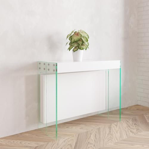 VE.CA.s.r.l. - Mesa Consola Extensible Crystal - con Compartimento para Extensiones - En Vidrio - Extensible de 40 cm a 250 cm - En Madera - Diseño para Cocina y Hogar - Color: Blanco Brillante