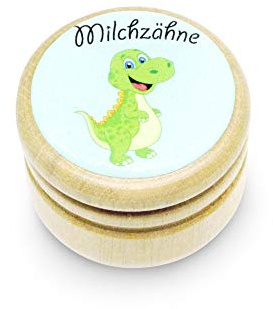 GICO Milchzahndose Dino Zahndose Milchzähne Bilderdose aus Holz mit Drehverschluss 44 mm (Dino)- 7014